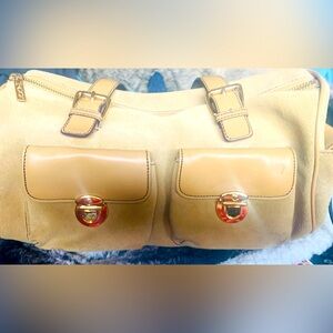 Women’s leather and suede gold cream shoulder bag.